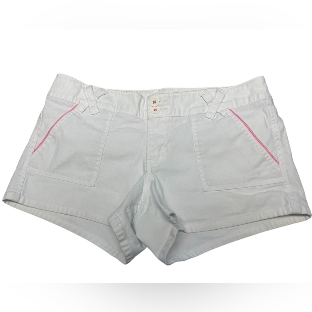 Hollister Y2K white denim low rise micro shorts with pink details